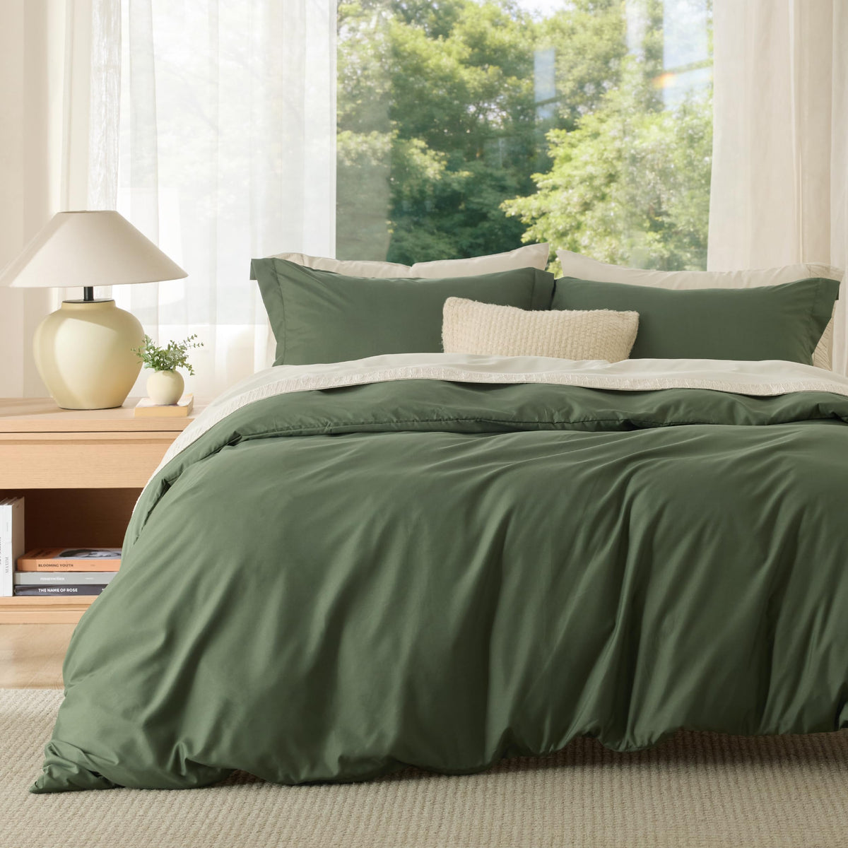 Bedsure queen olive green duvet cover 90x90 with soft microfiber for cozy nights