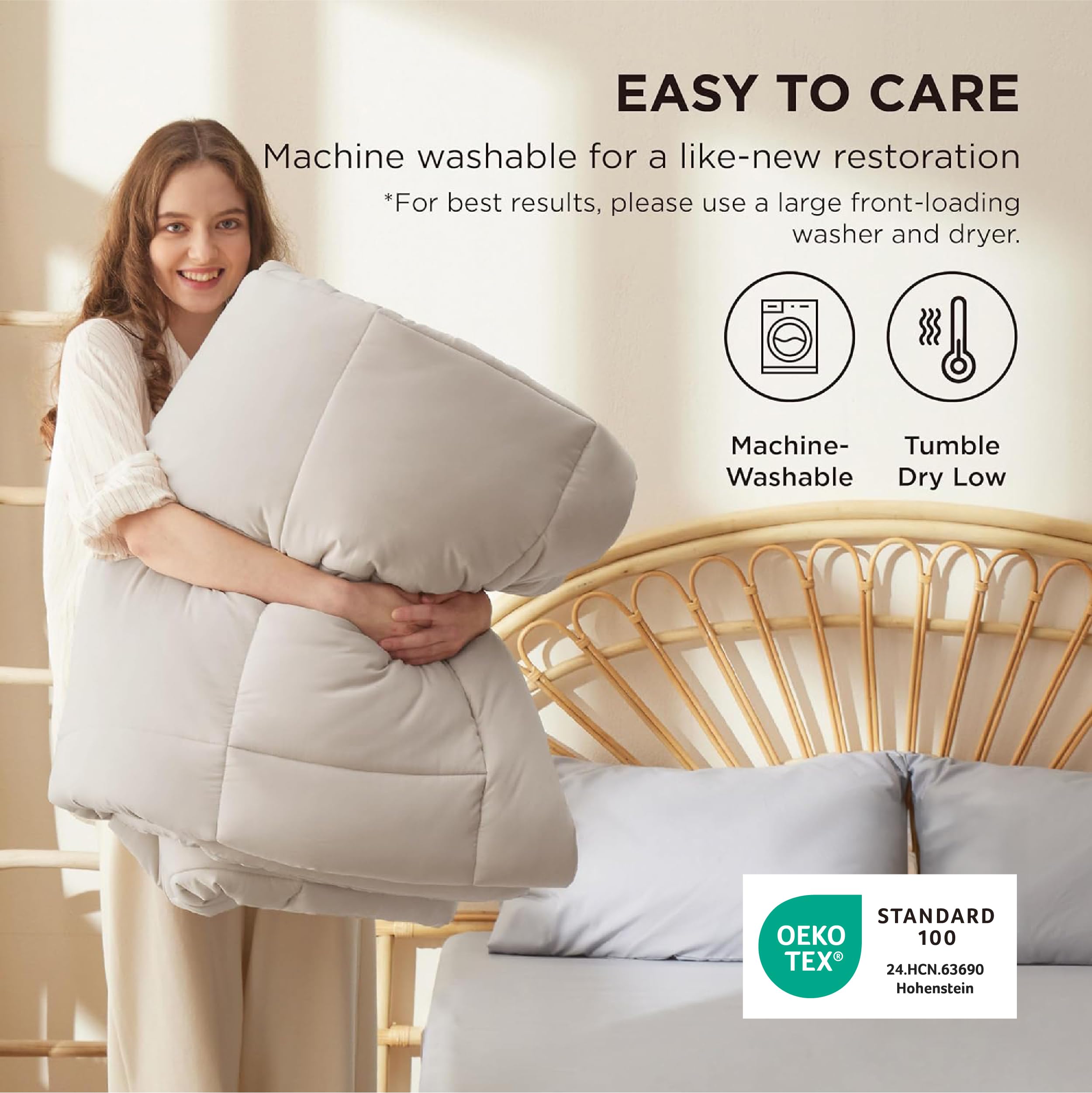 Bedsure easy-care image suggests cold-water wash and tumble dry for reuse.