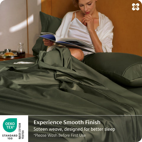 Bedsure king olive green folded sheet set hints at generous fabric reach and neat drape.