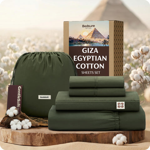 Bedsure Egyptian cotton sheets king olive green close-up reveals silky sateen texture for all-season comfort.