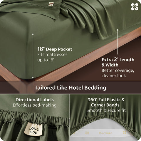 Bedsure olive green sheets feature premium stitching detail for hotel-inspired elegance.
