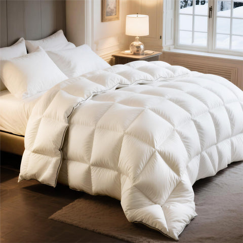 Bedsure king-size feather down comforter with corner tabs for secure duvet cover attachment