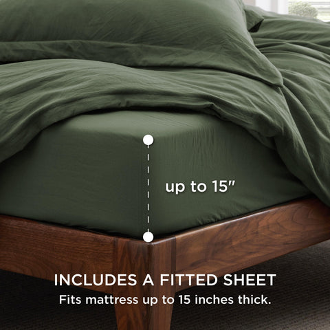 Bedsure fitted sheet queen olive green, secure elastic edge for a snug fit.