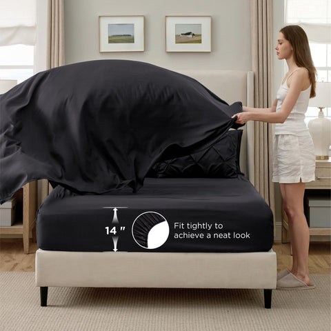 Bedsure flat and fitted sheets shown together for a coordinated bed-in-a-bag setup.