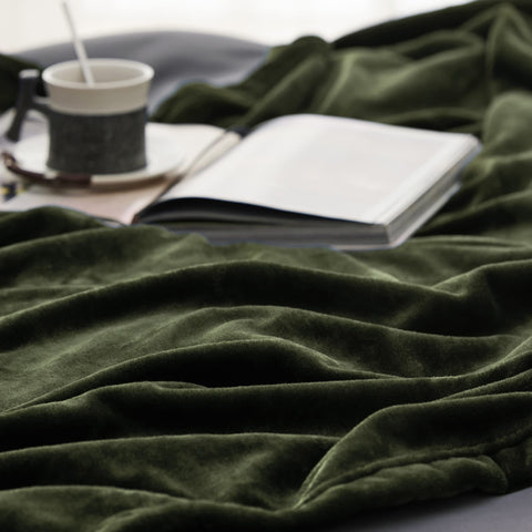 Bedsure olive-green blanket on sofa provides lightweight warmth for evenings.