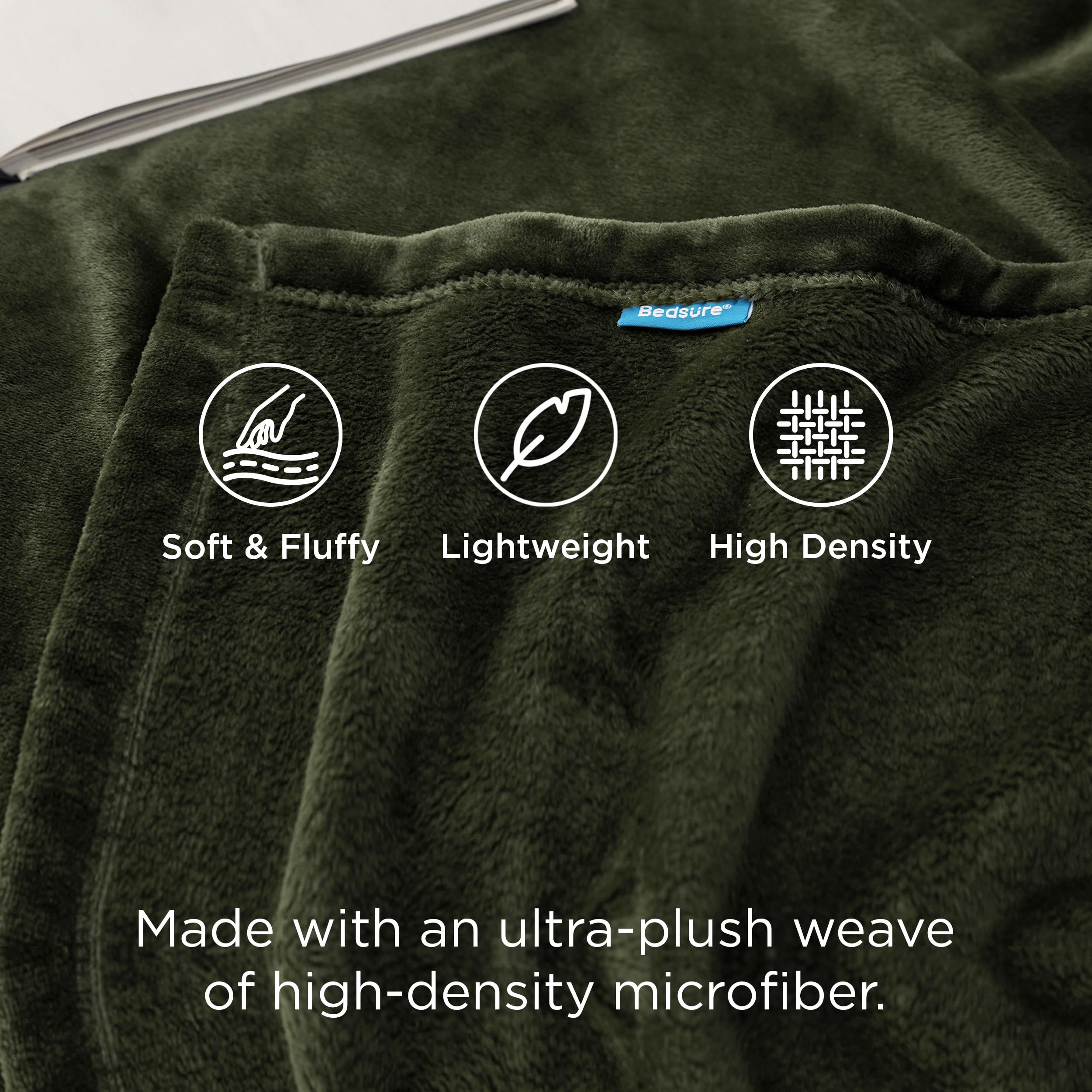 Bedsure olive-green texture closeup shows soft microfiber for year-round comfort.