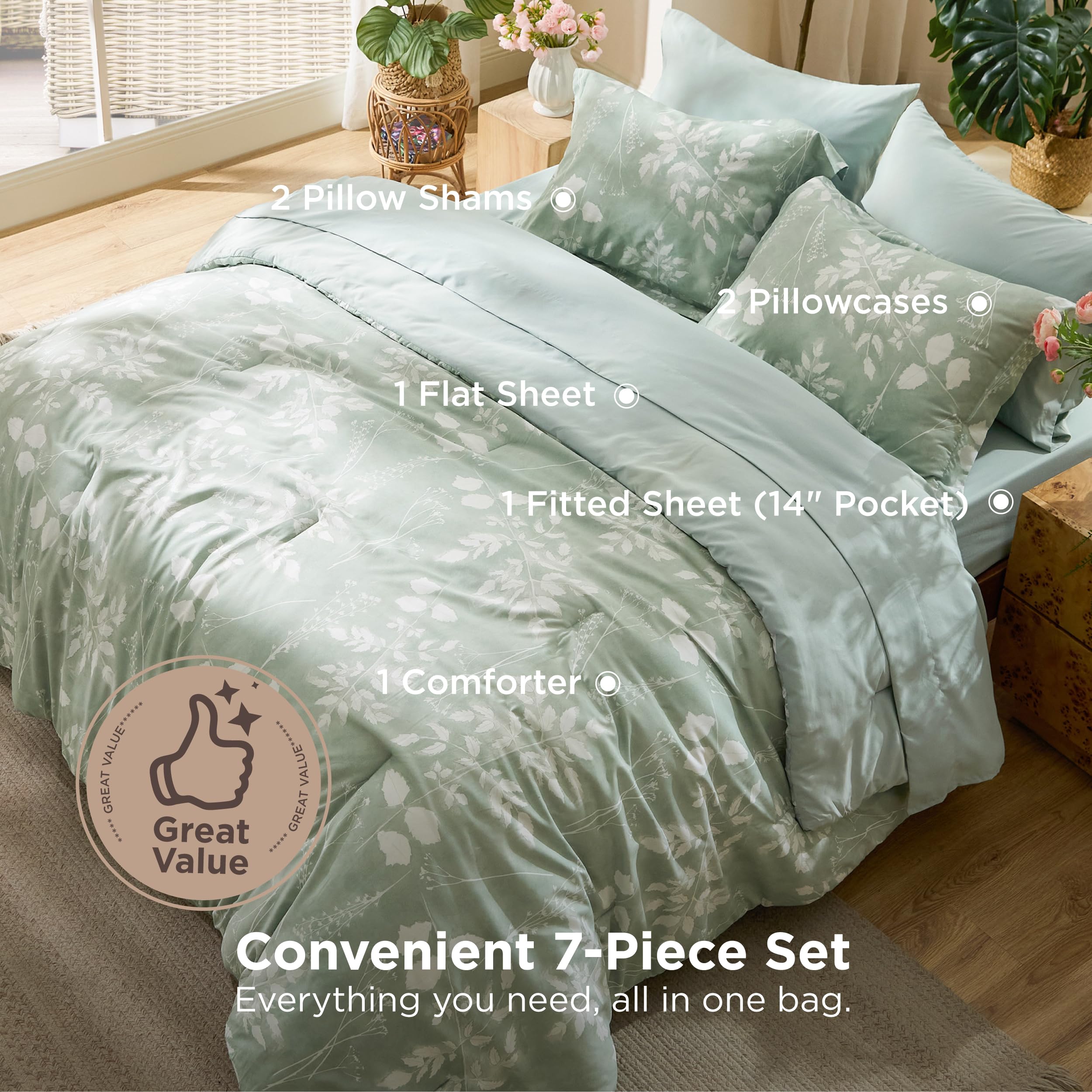 Bedsure floral sage-green sheets close-up highlighting silky microfiber comfort