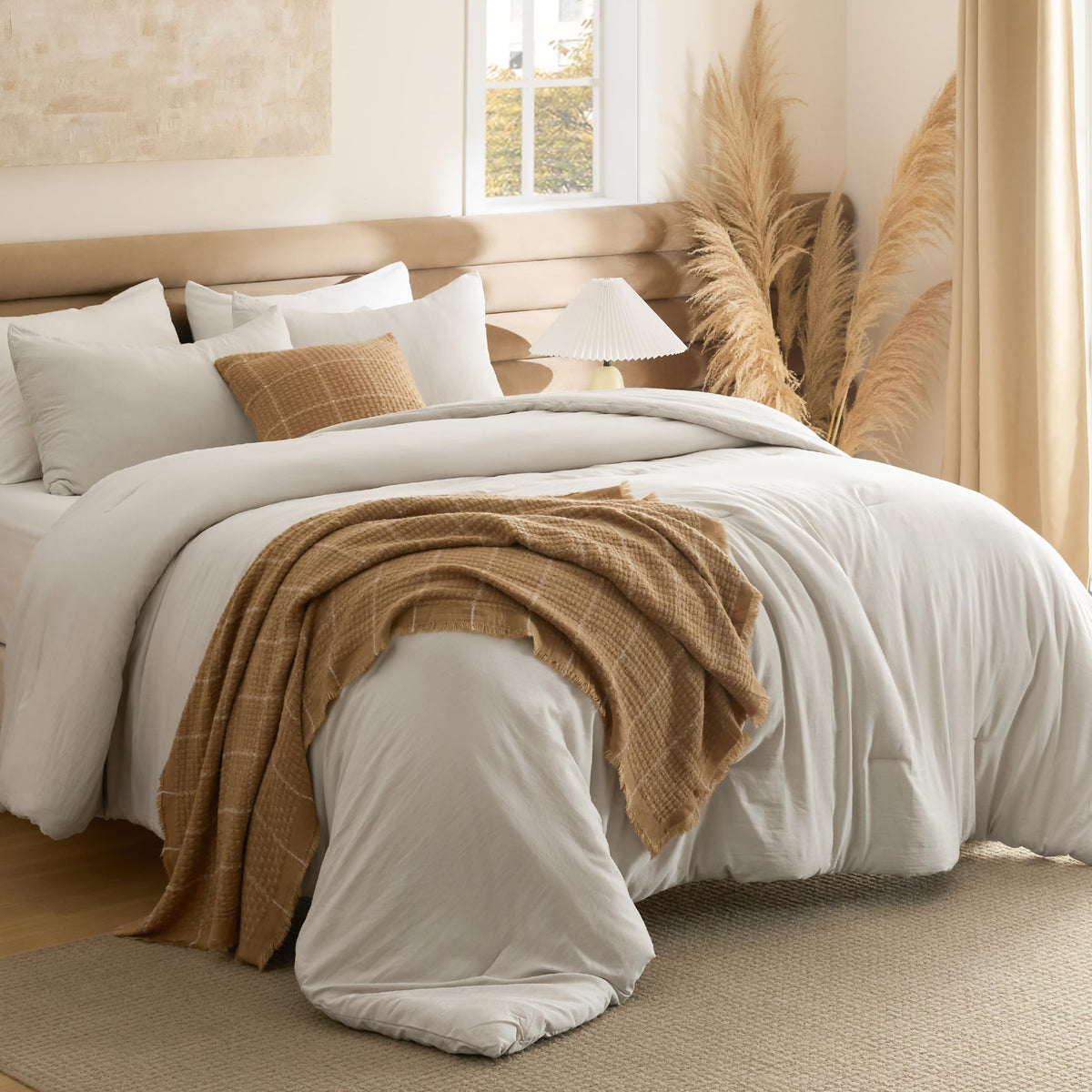 Bedsure full comforter set in beige soft prewashed fabric for year-round coziness.