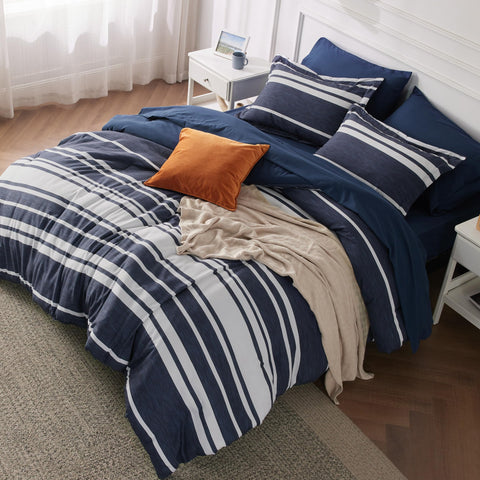 Bedsure full comforter set in blue striped close-up for soft texture.