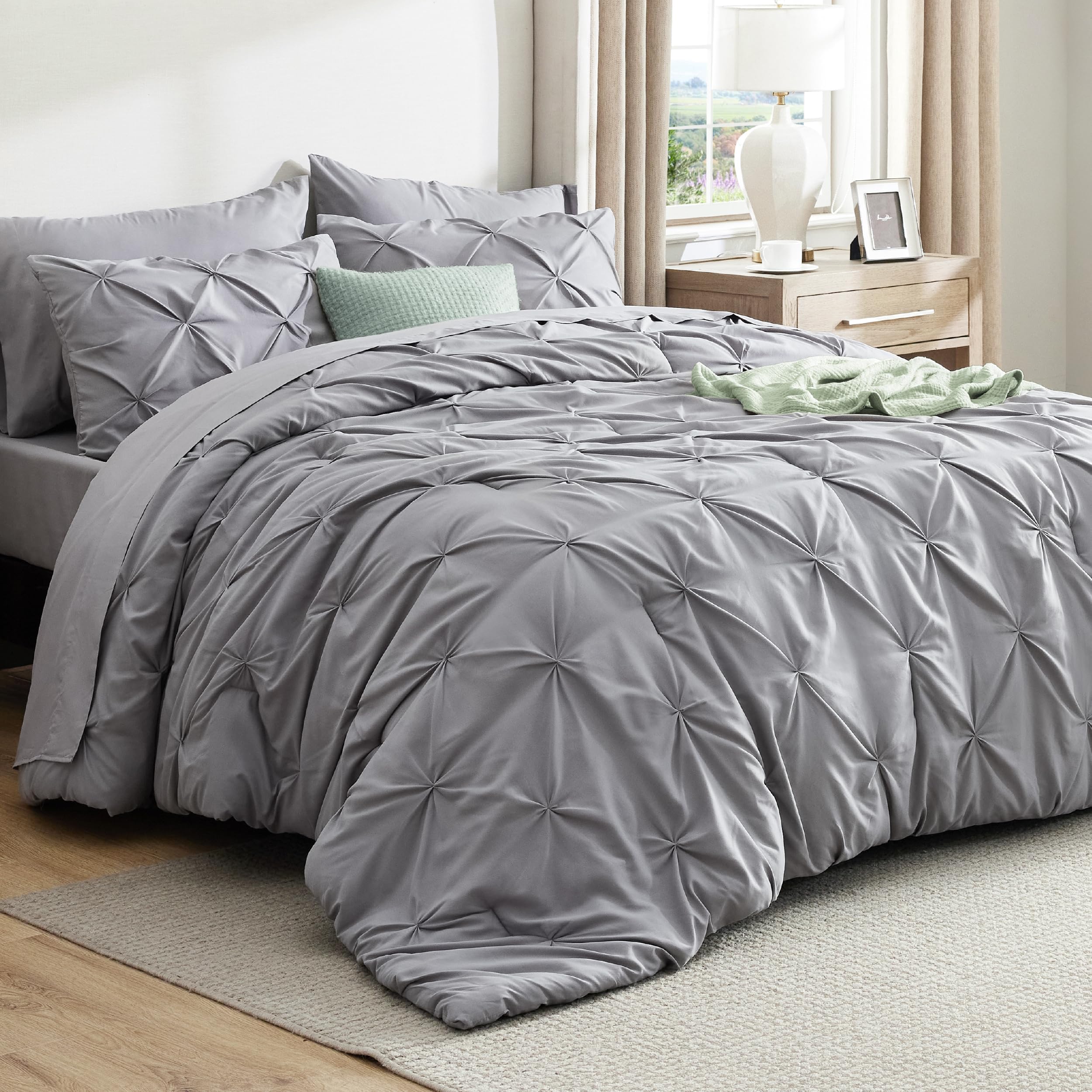 Bedsure full comforter set grey cover close-up with buttery-soft microfiber for cozy nights