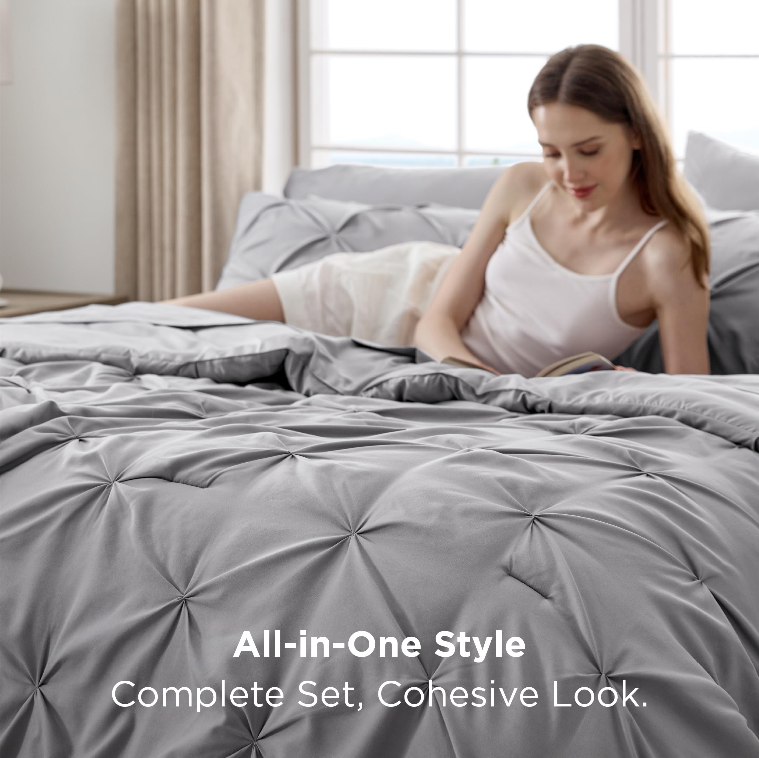 Bedsure flat view of sheets demonstrates full 7-piece bed-in-a-bag set