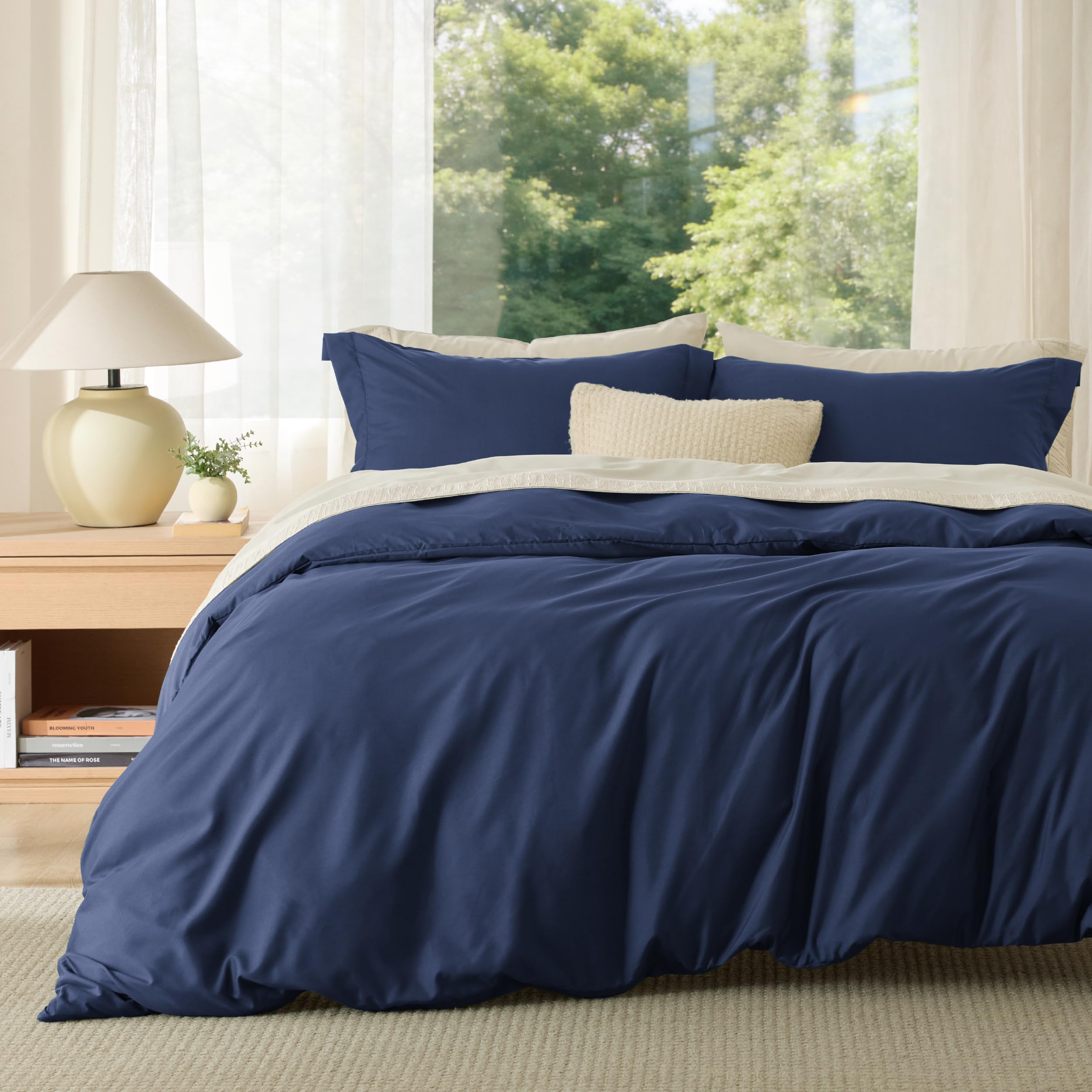 Bedsure full duvet cover navy blue close-up fabric texture for softness and comfort