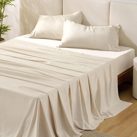 Bedsure full flat lay bamboo rayon sheets showing cooling, silky-soft touch.