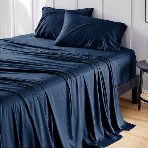 Bedsure full size cooling navy sheets in flatlay for hotel-style presentation