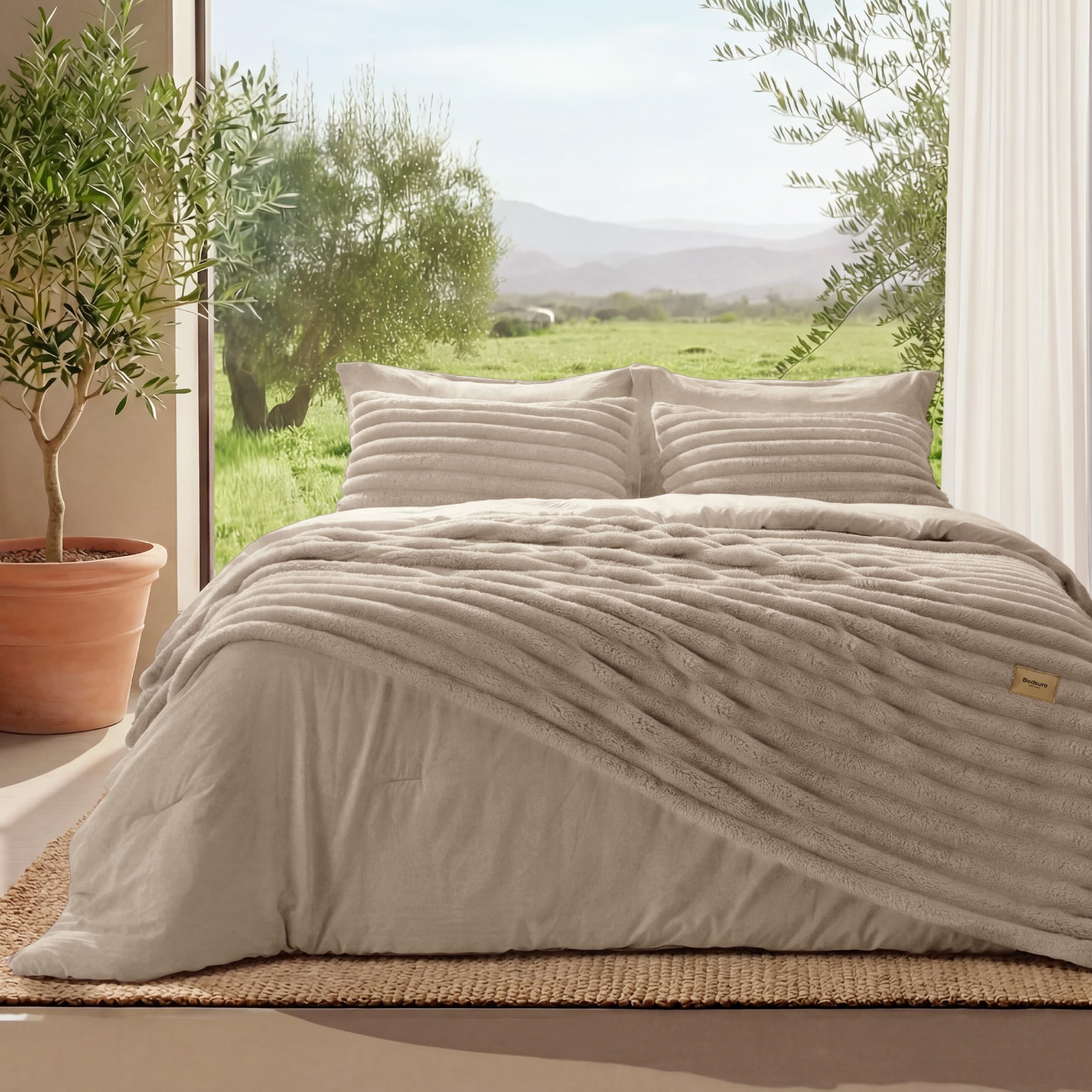 Bedsure Gentlesoft 2-in-1 king comforter set in beige for all-season warmth.