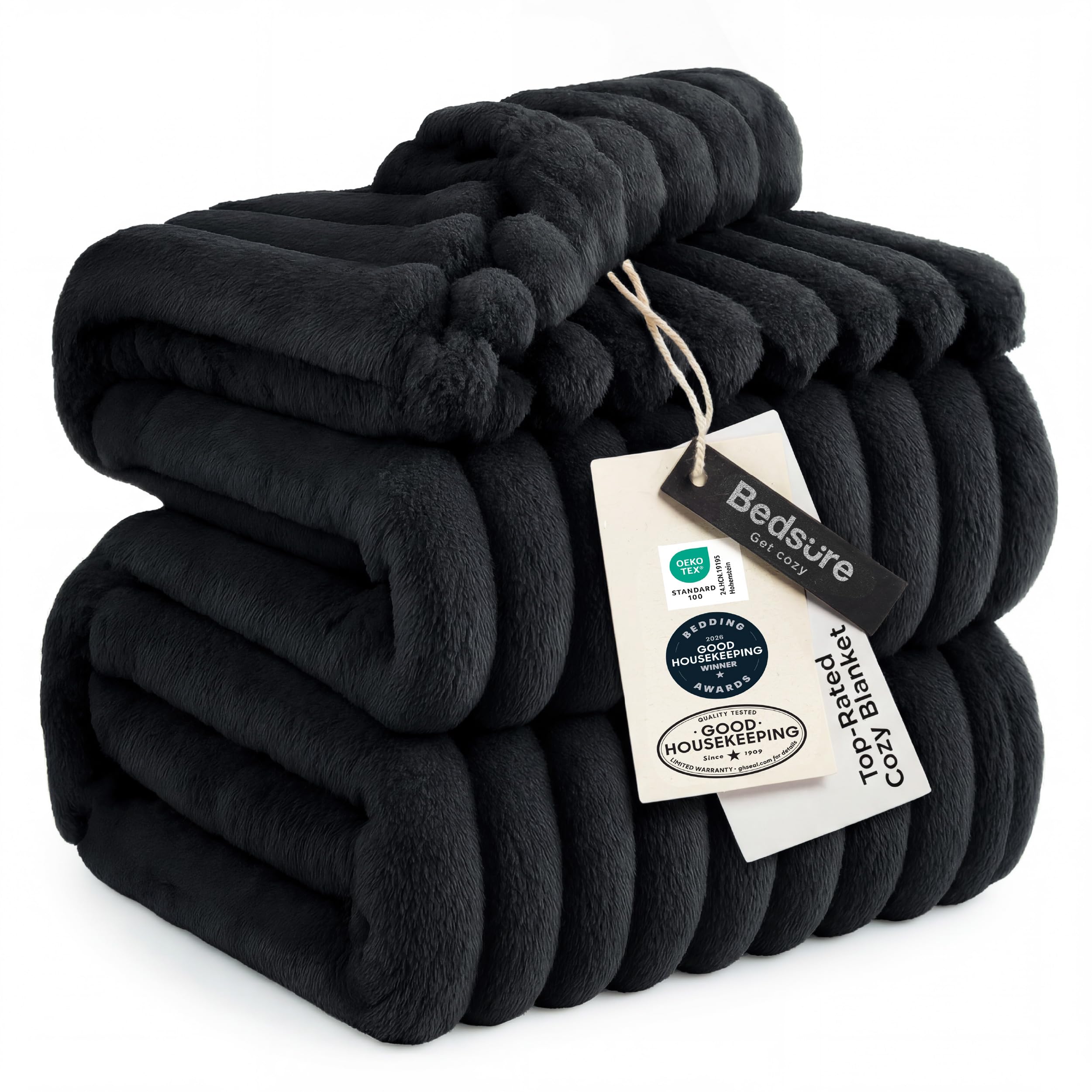 Bedsure GentleSoft blanket stripe close-up highlighting plush microfiber softness for cozy warmth.