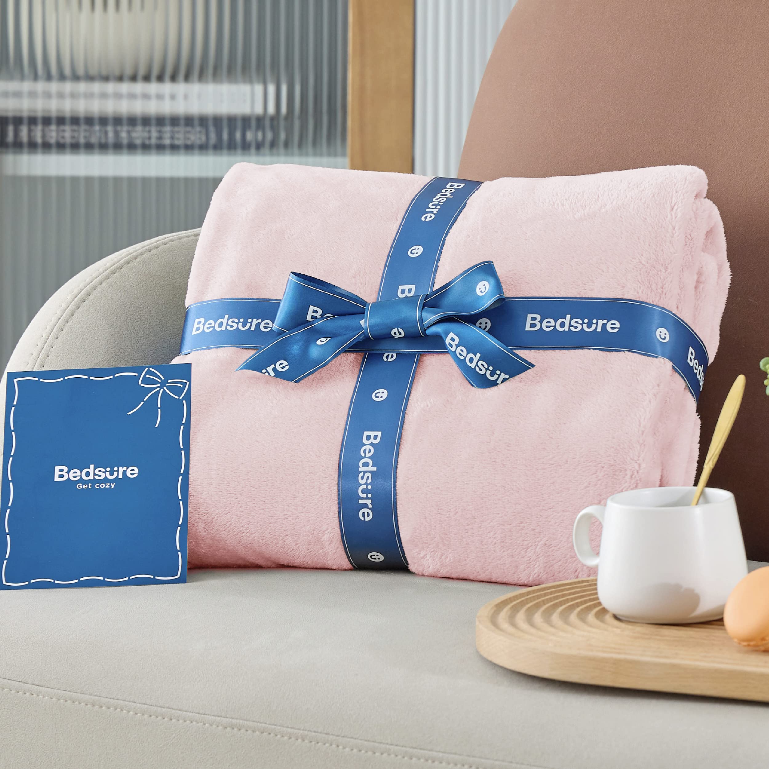 Bedsure GentleSoft pink stitching detail highlights durable seams.
