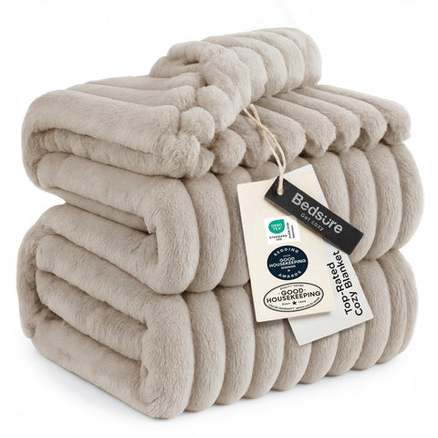 Bedsure GentleSoft blanket stripe pattern adds cozy texture to queen bed for inviting evenings