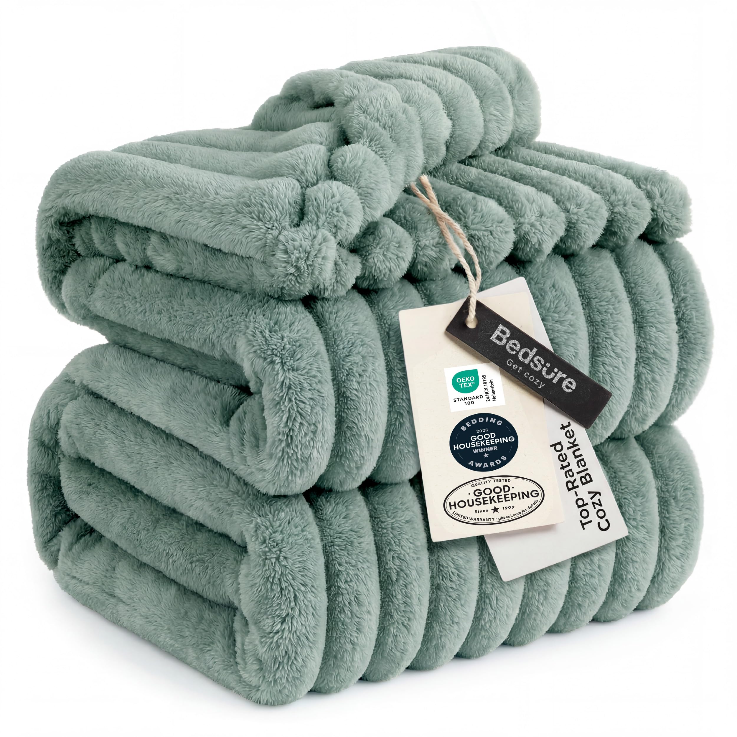 Bedsure GentleSoft blanket in sage green shows a cozy stripe weave for king-size beds.