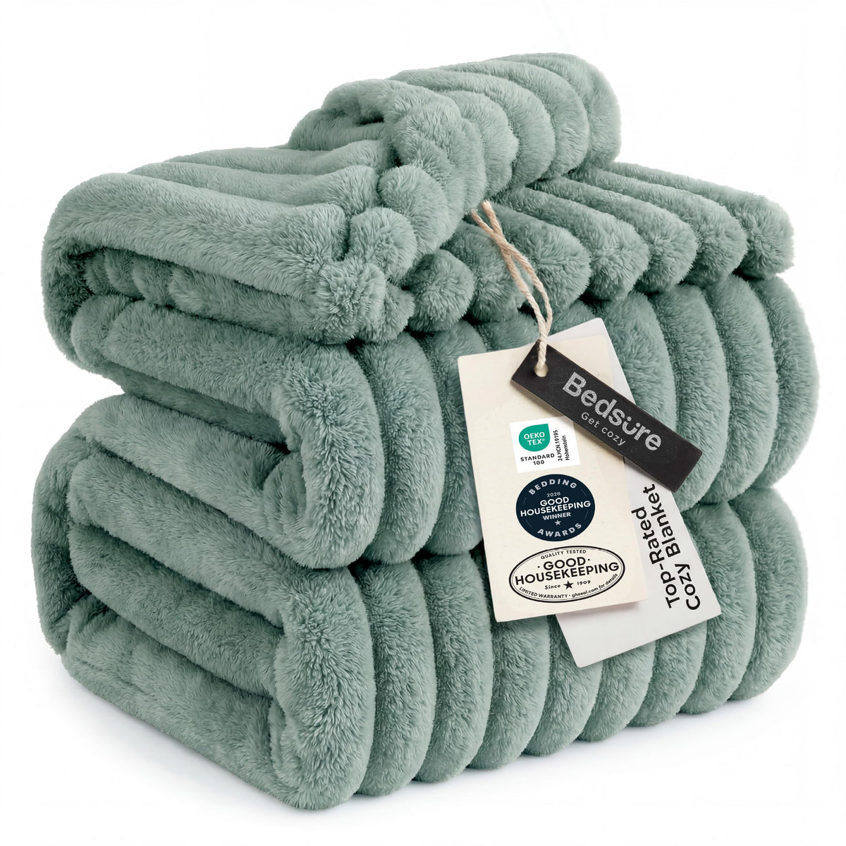 Bedsure GentleSoft blanket in sage green shows a cozy stripe weave for king-size beds.
