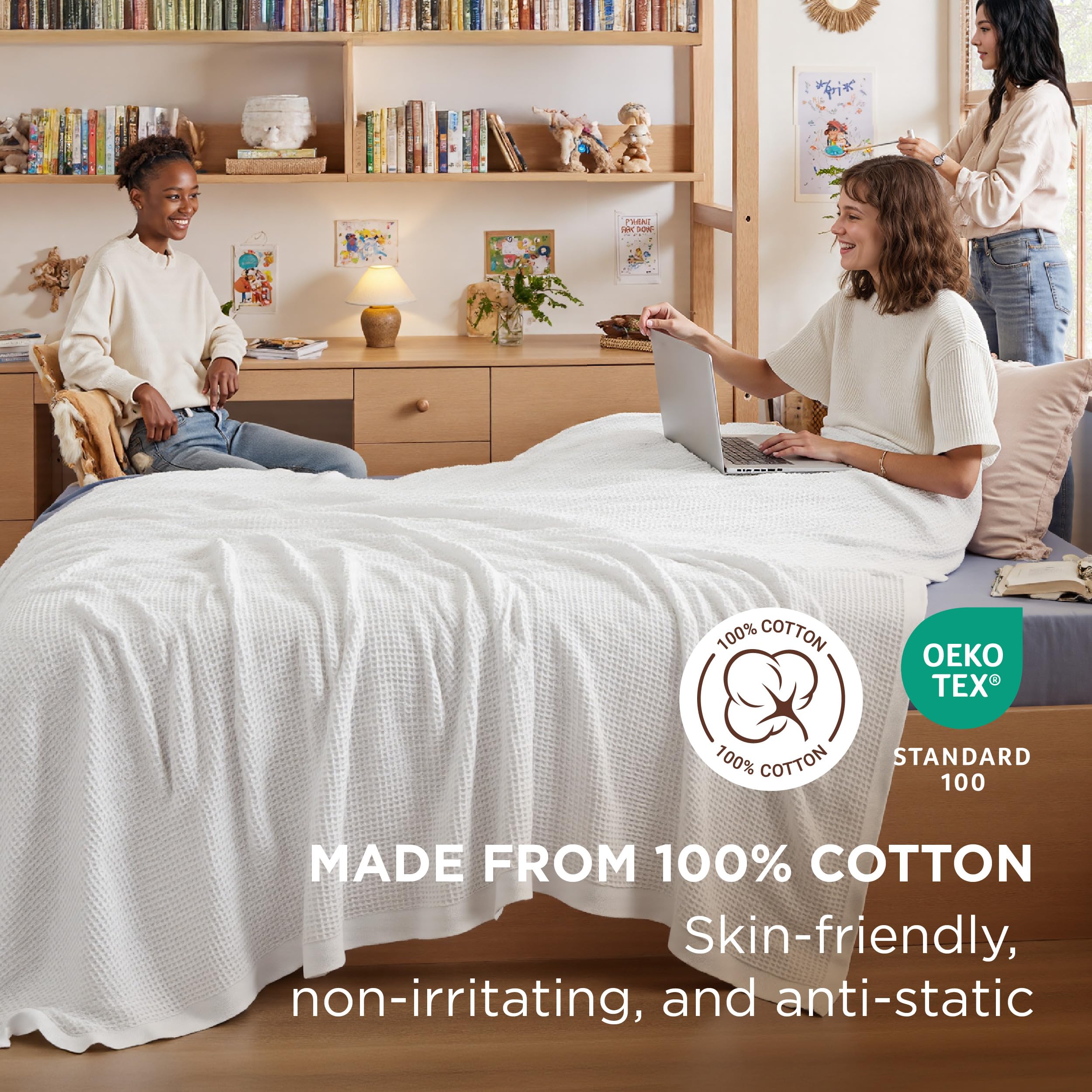 Bedsure Gentlesoft twin-xl white bed in a dorm room shows dorm essential