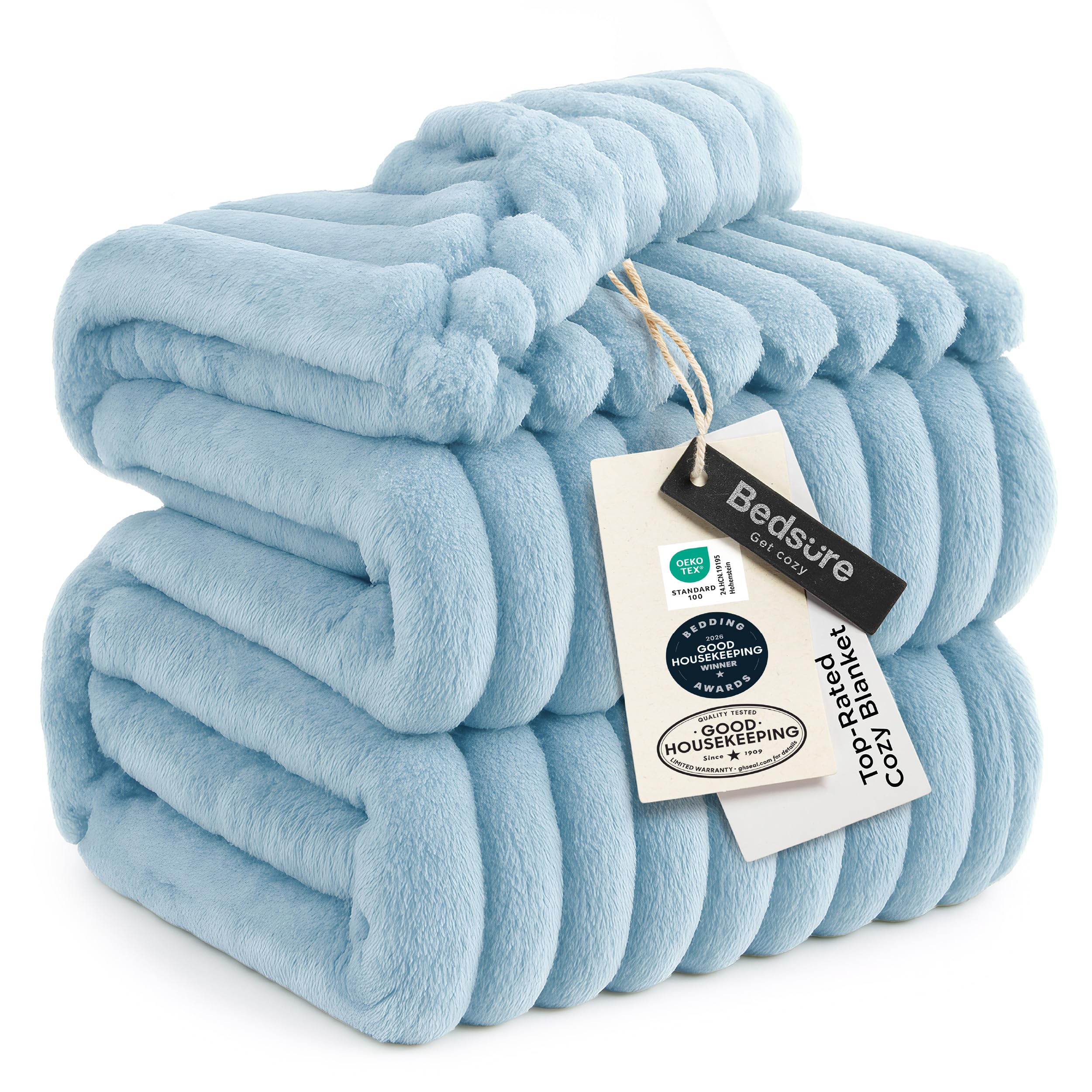 Bedsure GentleSoft blue blanket on couch for cozy movie nights