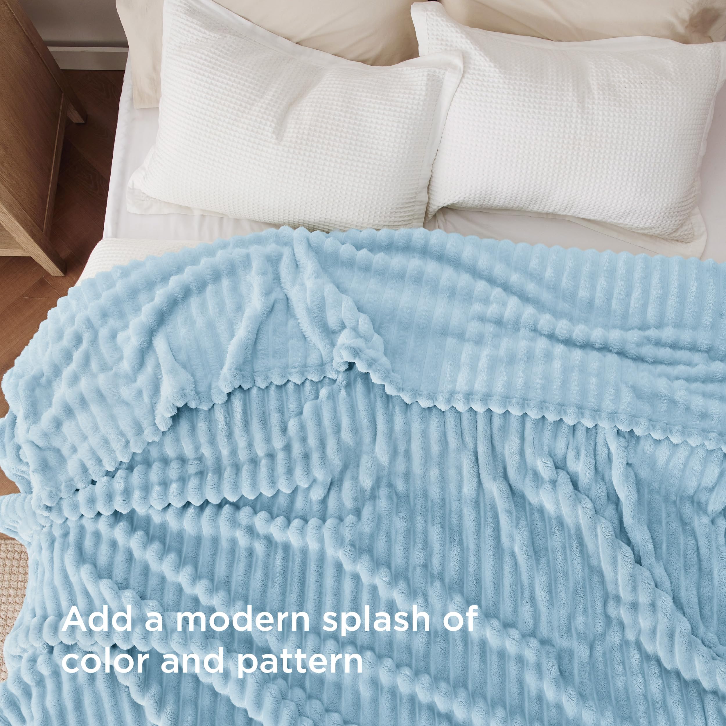 Bedsure GentleSoft blue blanket folded as a bed throw accent