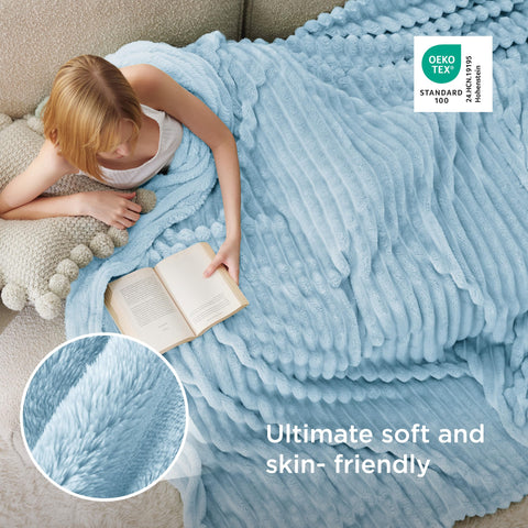 Bedsure GentleSoft blue fleece blanket edge stitching detail highlights durability