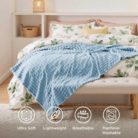 Bedsure GentleSoft blue throw durability shown by neat stitching and machine washing.