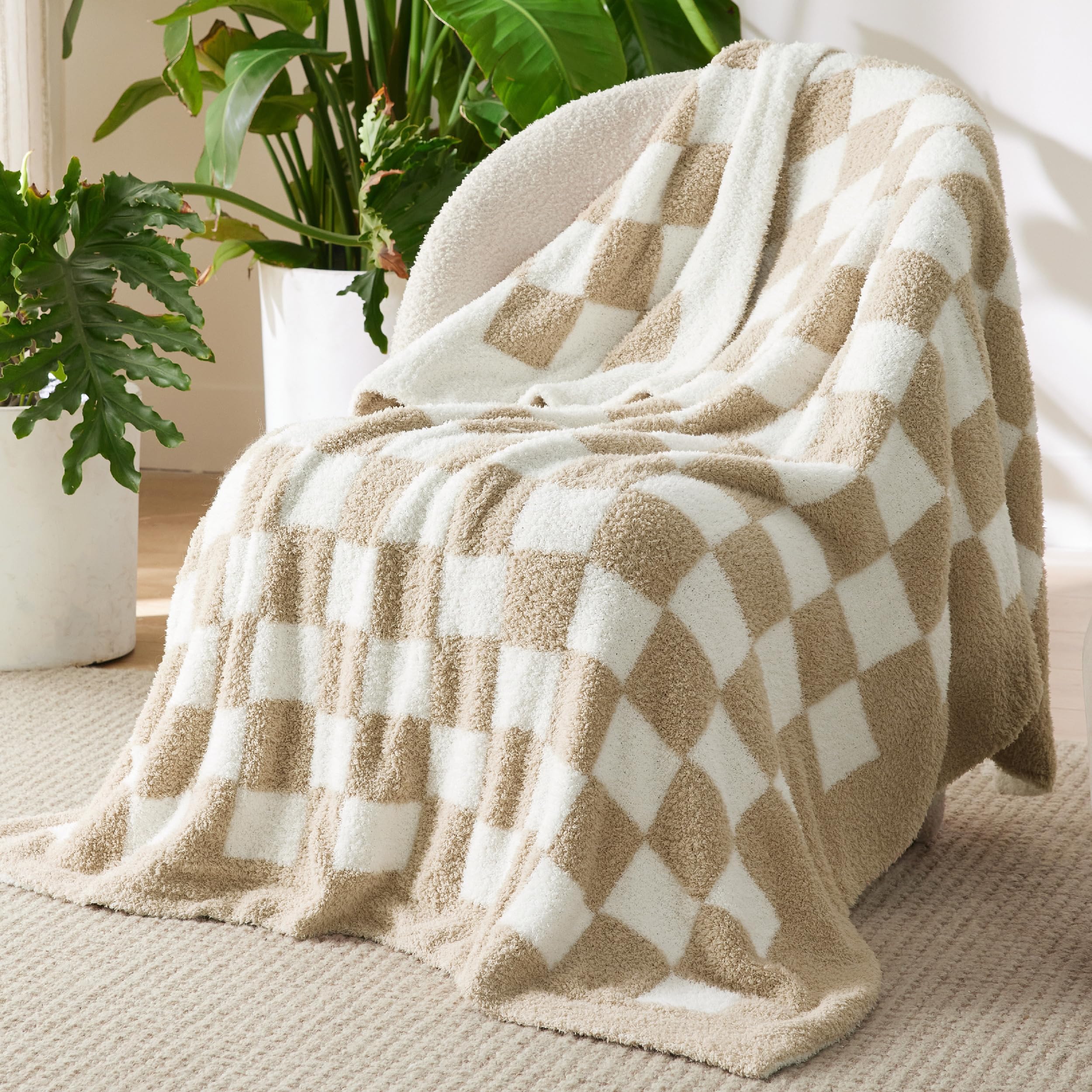 Bedsure GentleSoft beige checkered twin blanket folded neatly on bed