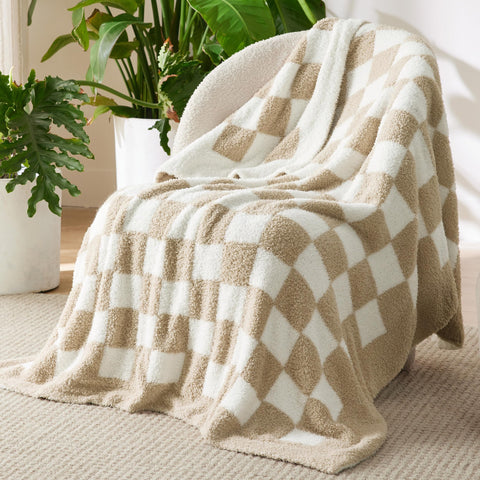 Bedsure GentleSoft beige checkered twin blanket folded neatly on bed