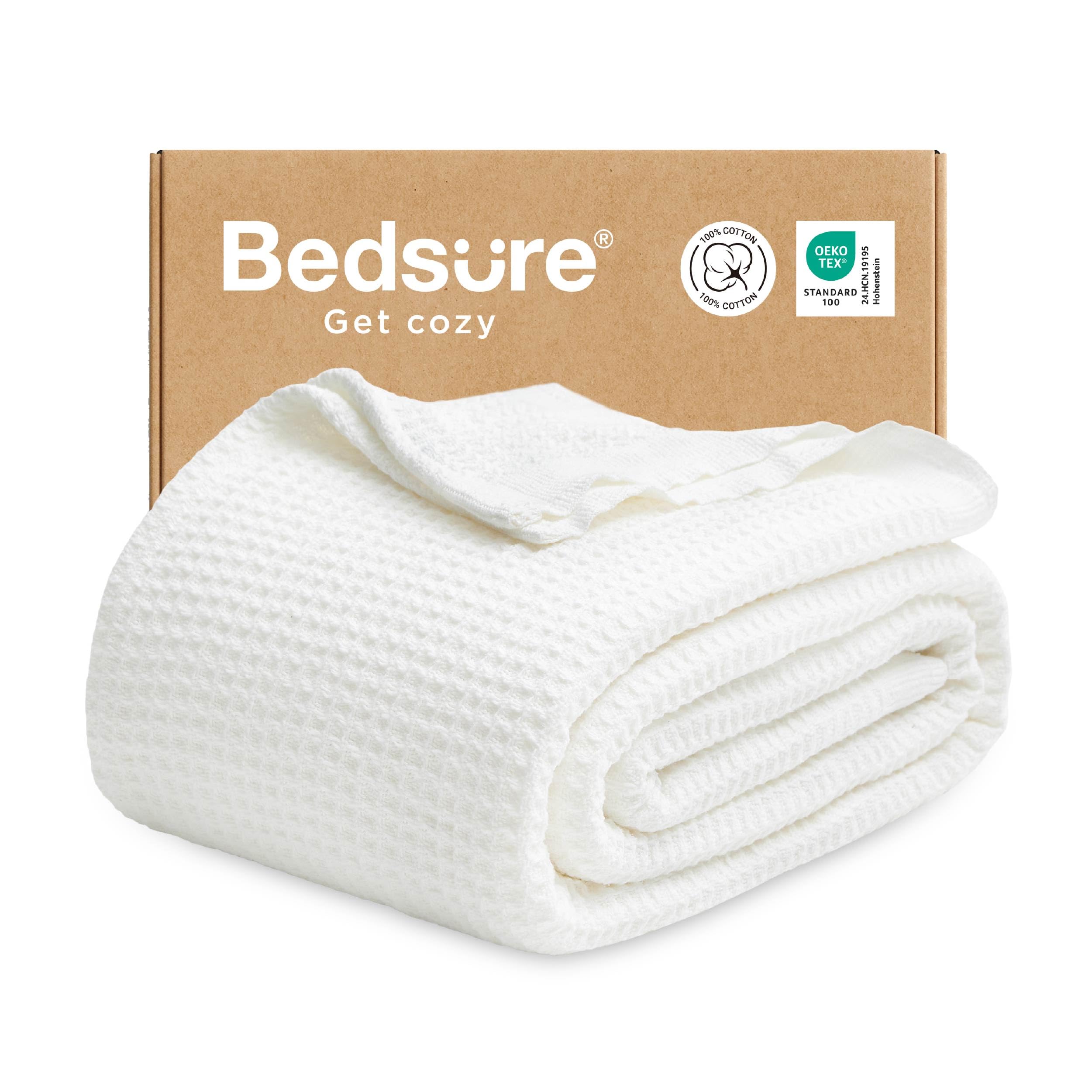 Bedsure Gentlesoft cotton blanket folded, showcasing soft hand feel and compact warmth