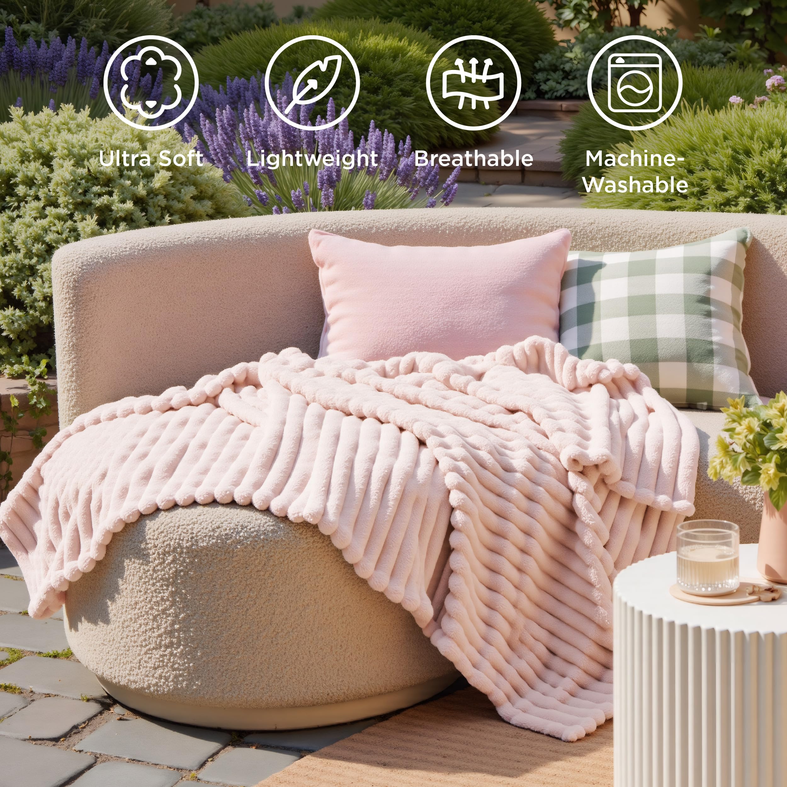 Bedsure GentleSoft Crystal Pink fleece blanket folded in living room enhances cozy ambiance.