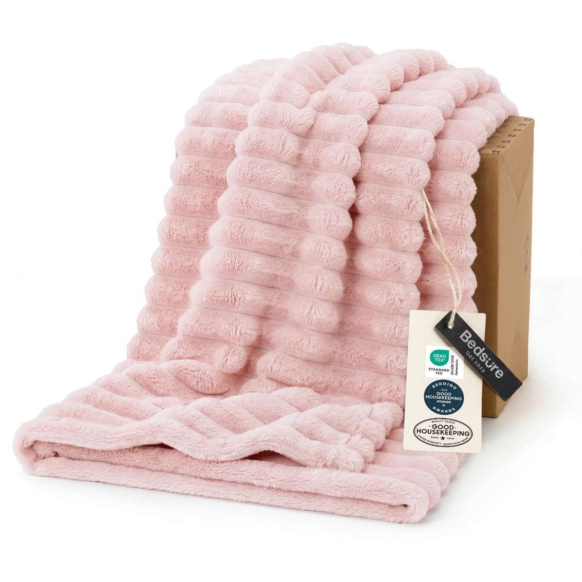 Bedsure GentleSoft crystal pink throw fabric closeup, plush texture for cozy comfort.