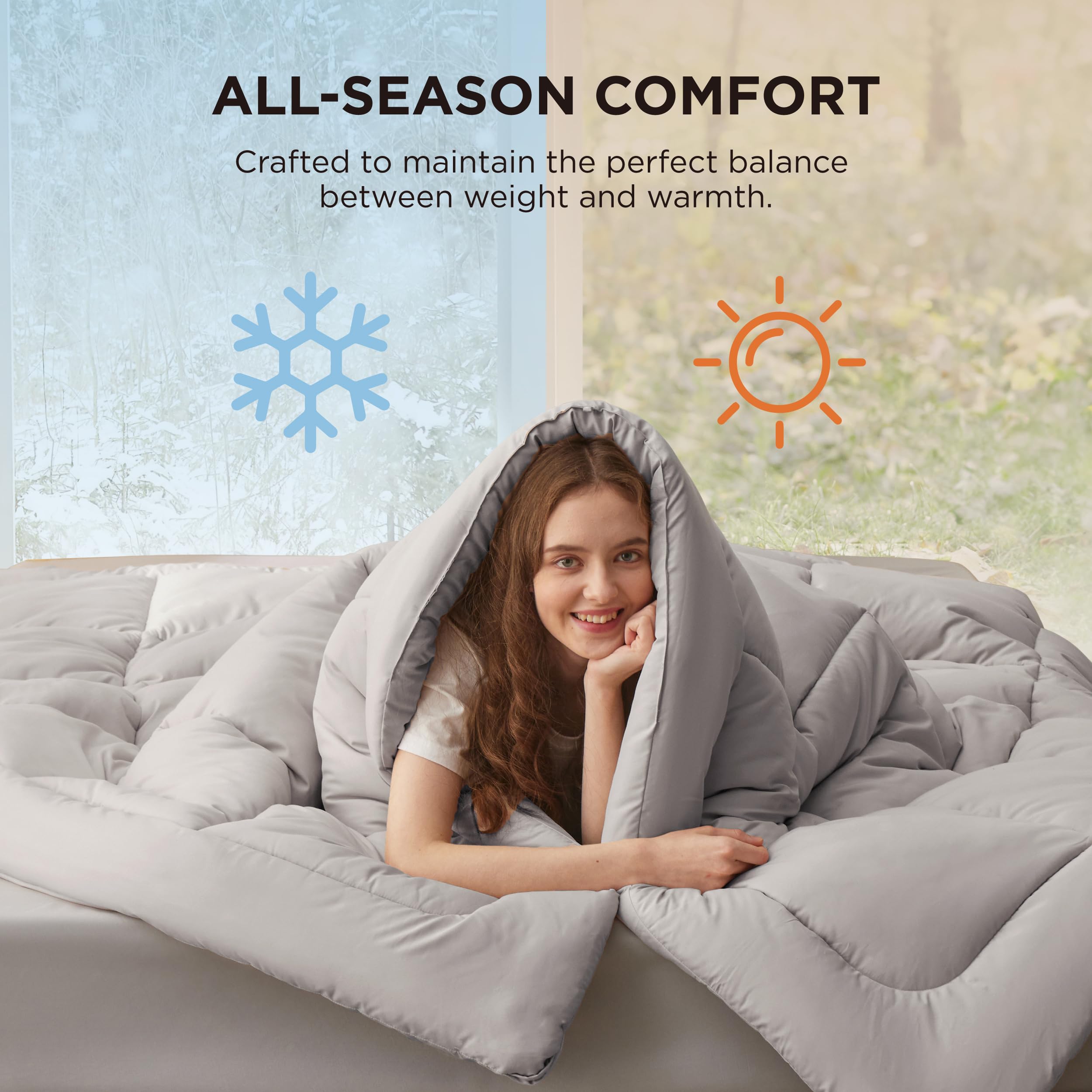 Bedsure Gentlesoft down-alternative fill appears soft and breathable for year-round use.