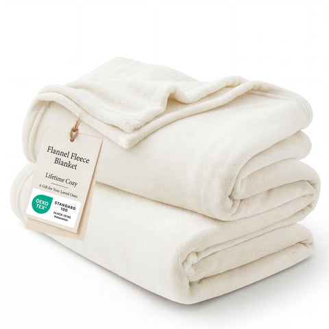 Bedsure GentleSoft fleece blanket full-size cream on bed for year-round coziness.