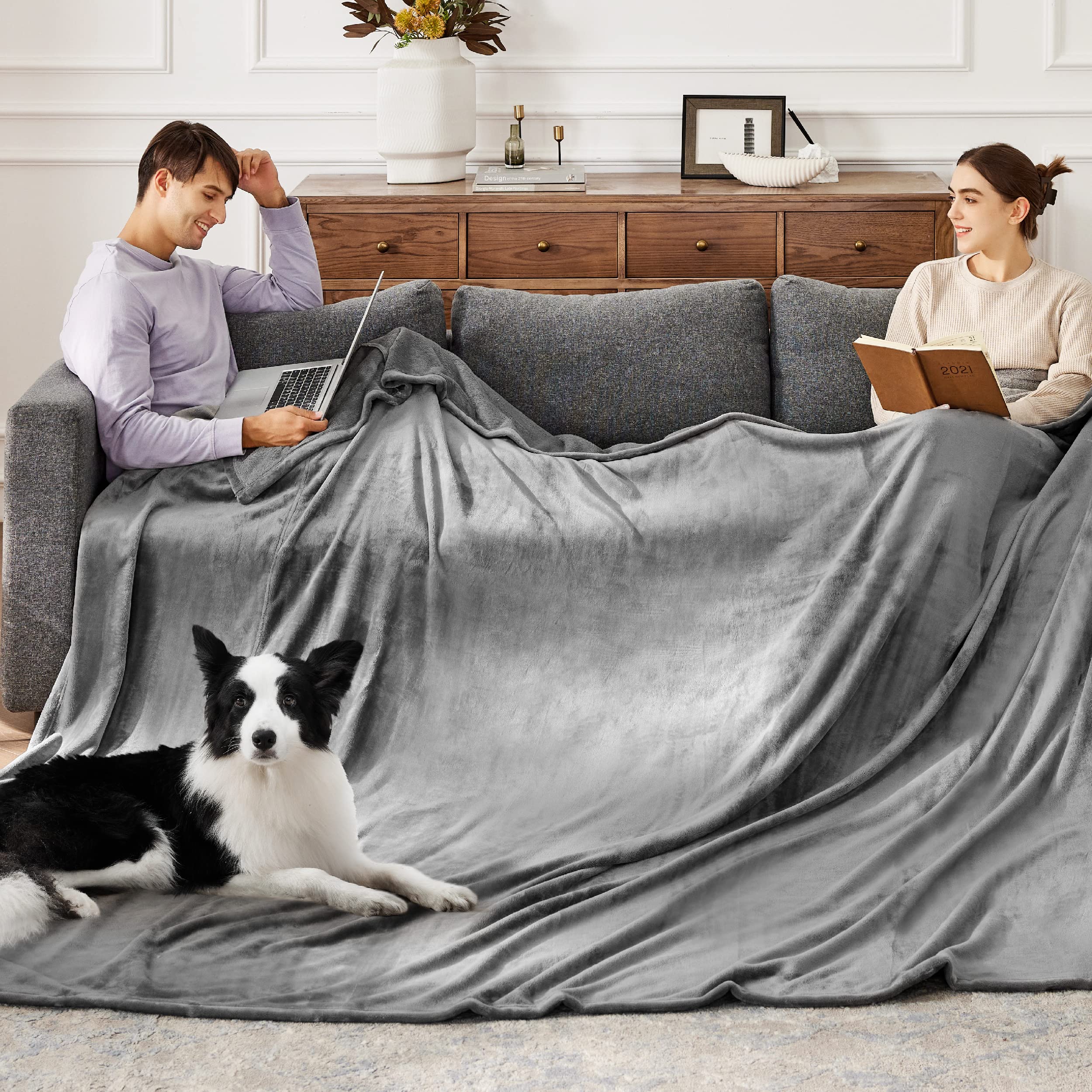 Bedsure GentleSoft fleece blanket in grey oversized king fits beds and couches