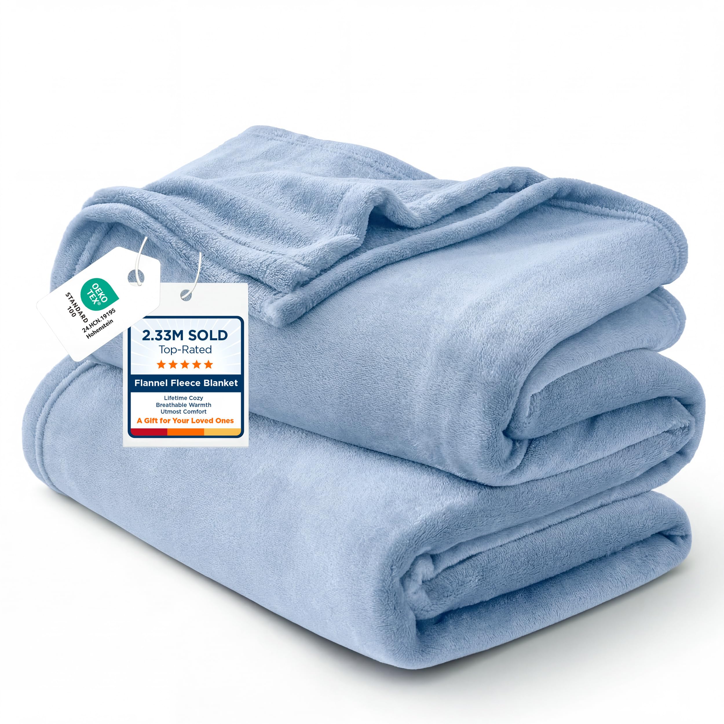 Bedsure GentleSoft fleece blanket on king bed in light blue for year-round coziness