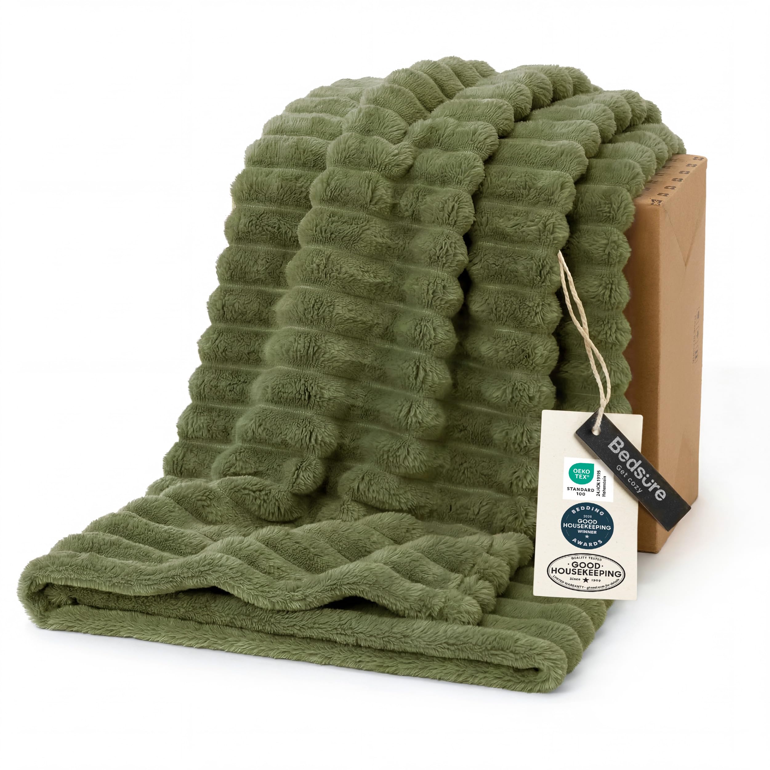 Bedsure GentleSoft fleece blanket moss color close-up texture for cozy warmth.