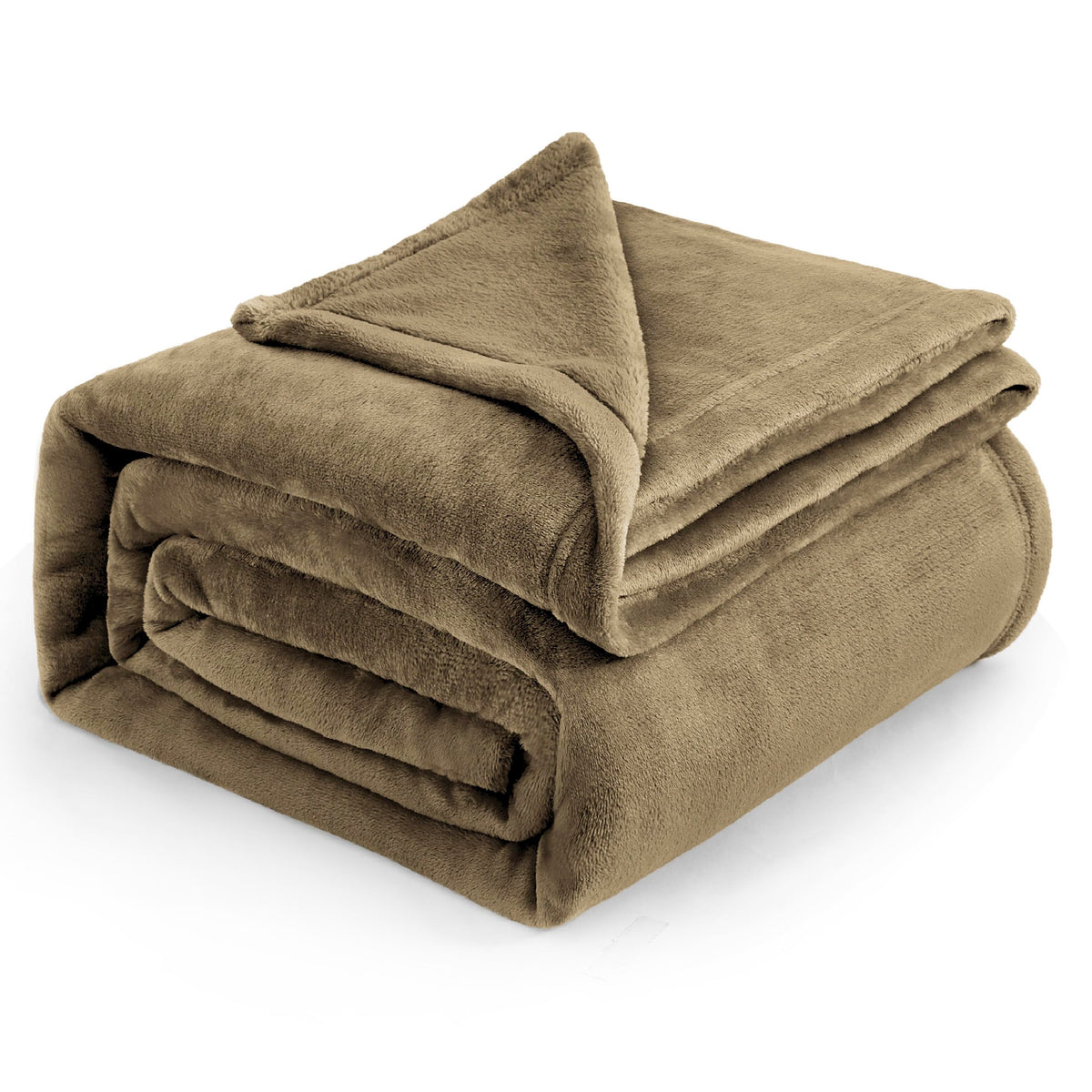 Bedsure GentleSoft fleece blanket in camel folded neatly for cozy queen bed