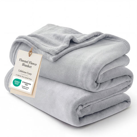 Bedsure GentleSoft fleece blanket folded in light grey for quick warmth and gifting.