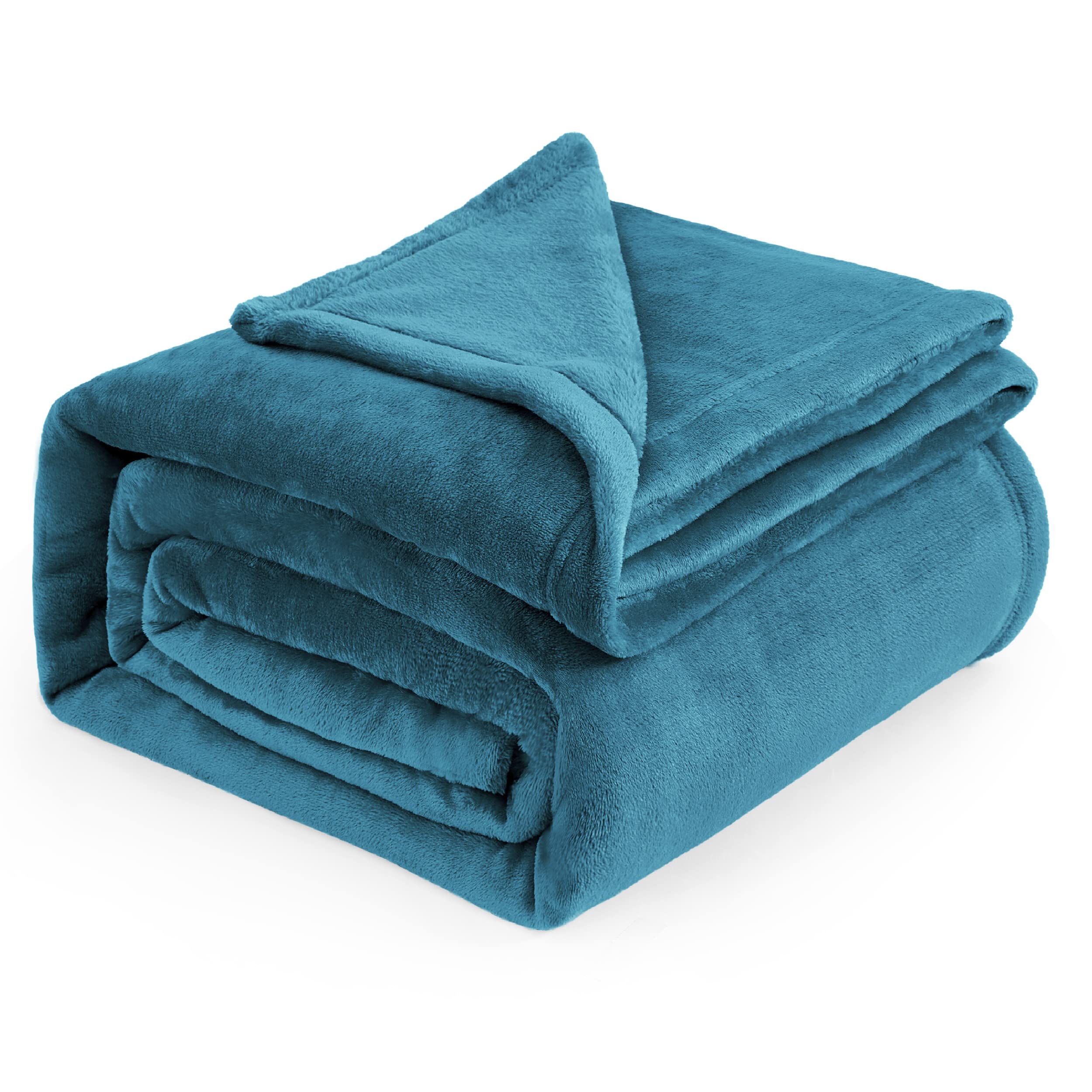 Bedsure GentleSoft fleece blanket teal queen size folded on bed for cozy evenings