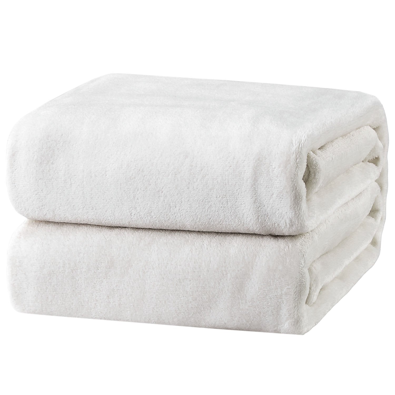 Bedsure GentleSoft fleece blanket white folded, plush texture for year-round coziness.