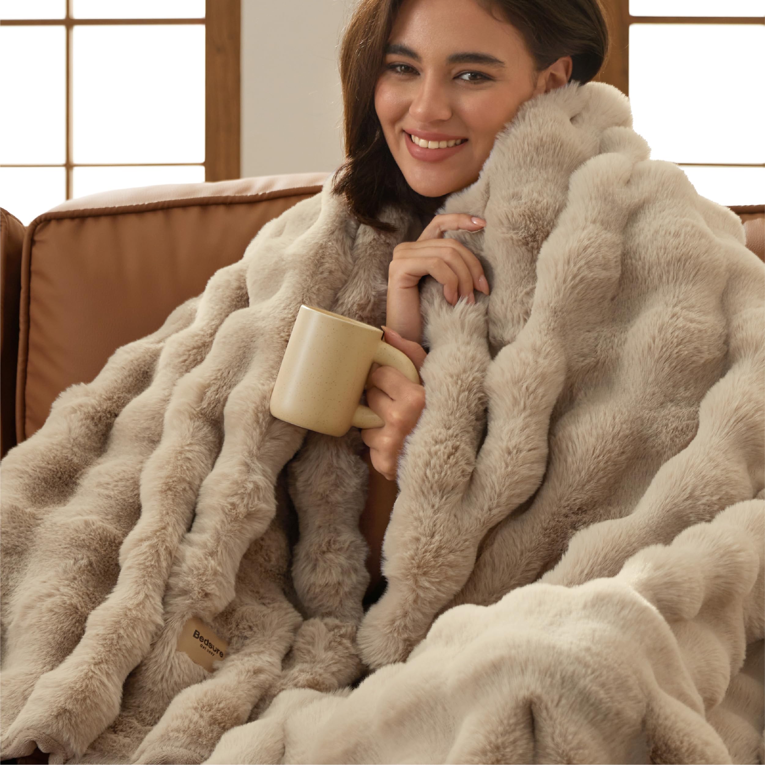 Bedsure GentleSoft fluffy beige blanket front-angle showing cloud-like softness for cozy nights