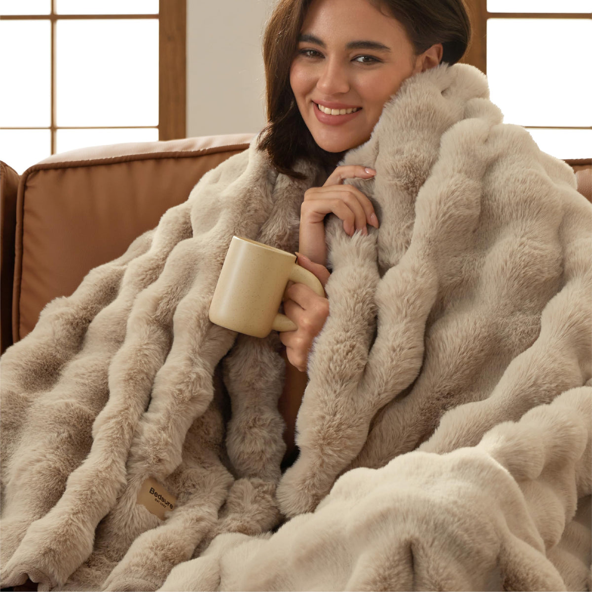 Bedsure GentleSoft fluffy beige blanket front-angle showing cloud-like softness for cozy nights