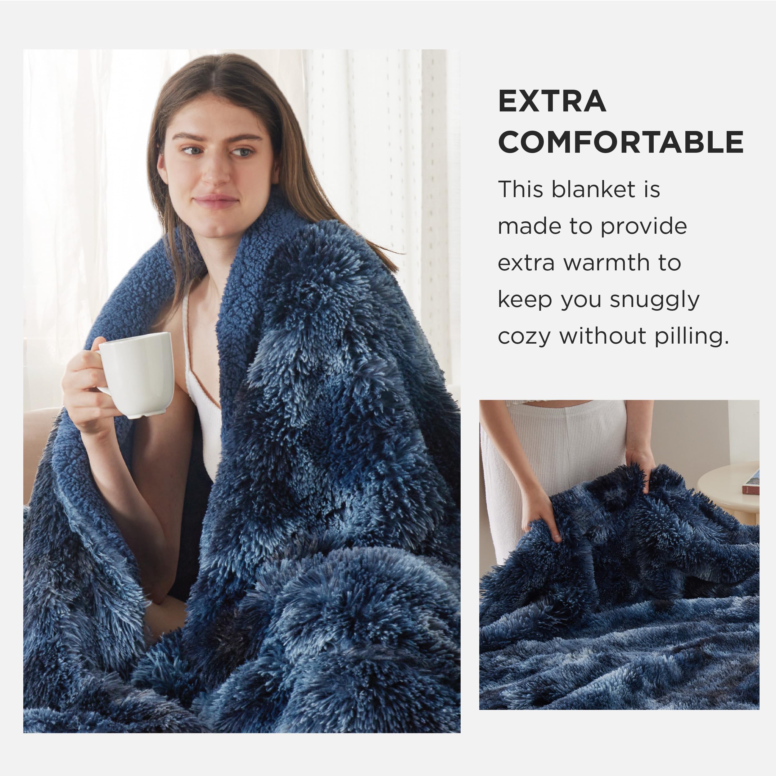 Bedsure GentleSoft Fluffy Navy Throw draped over sofa adds warm decor.