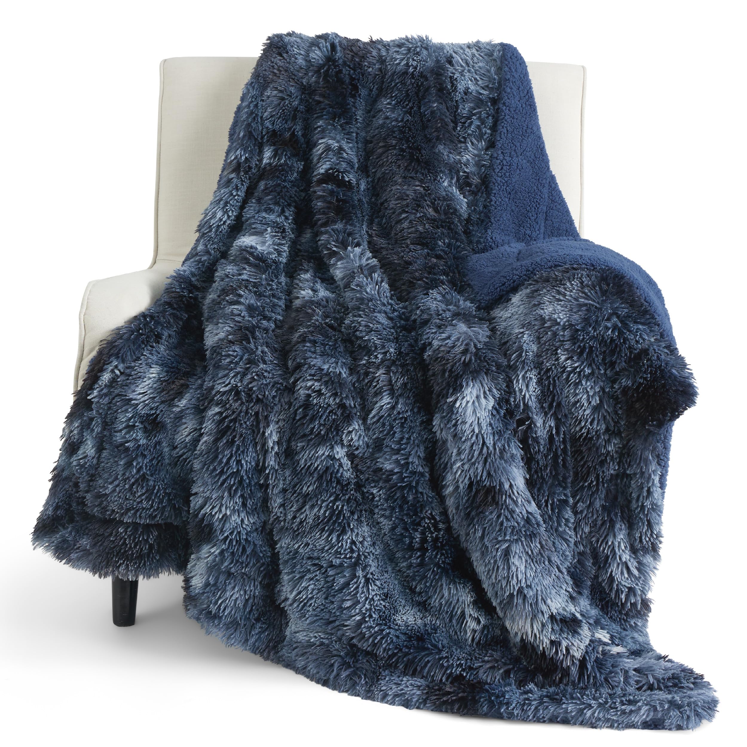 Bedsure GentleSoft Fluffy Navy Throw front view shows cozy two-sided warmth.