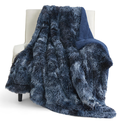 Bedsure GentleSoft Fluffy Navy Throw front view shows cozy two-sided warmth.