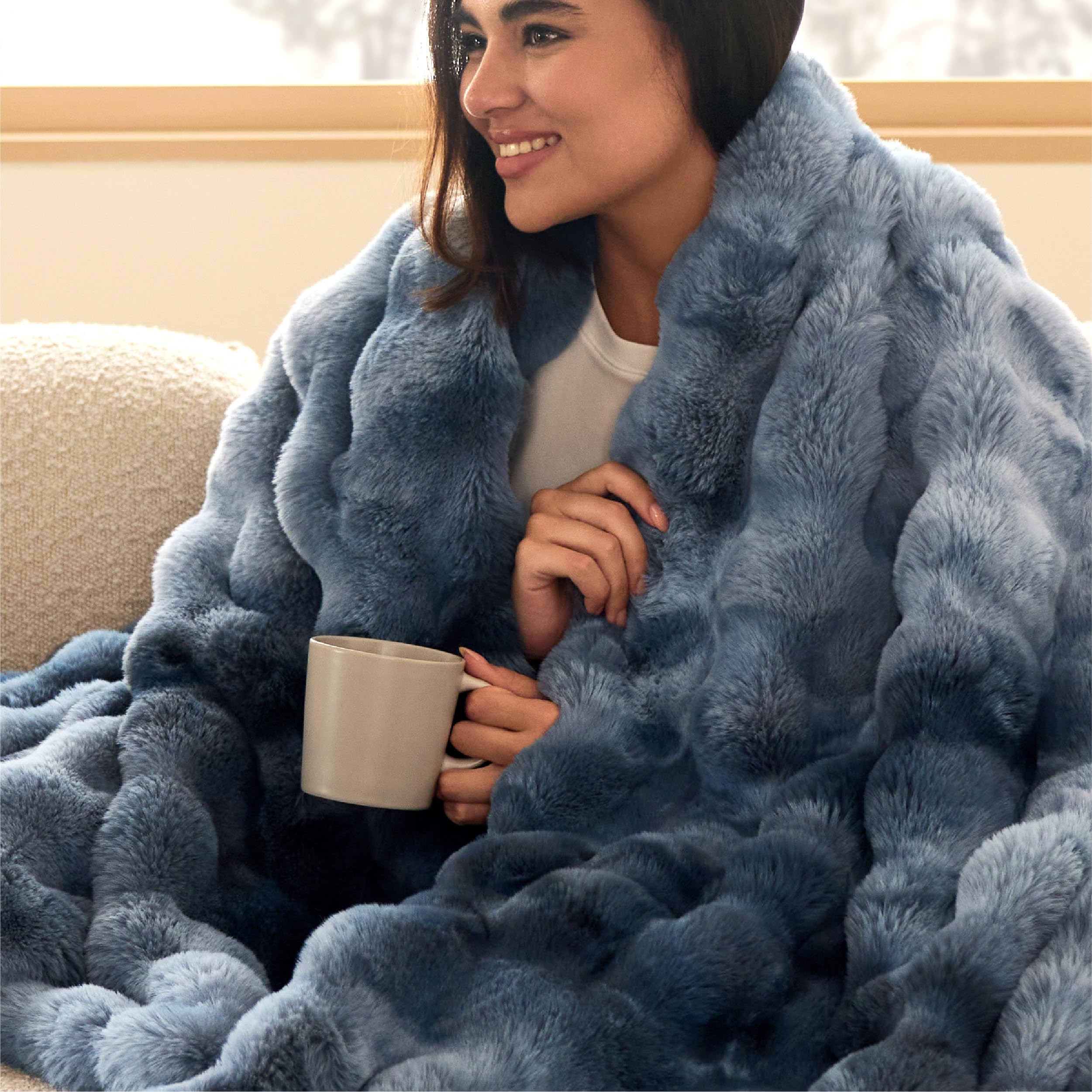 Bedsure GentleSoft Fluffy Fuzzy Tie-dye Blue Throw Blanket bubble pattern adds cozy texture.