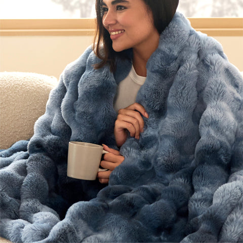 Bedsure GentleSoft Fluffy Fuzzy Tie-dye Blue Throw Blanket bubble pattern adds cozy texture.